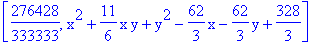 [276428/333333, x^2+11/6*x*y+y^2-62/3*x-62/3*y+328/3]